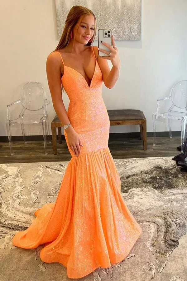 Sparkly Sequins Mermaid V-neck Prom Dresses, Long Formal Dresses, SP882