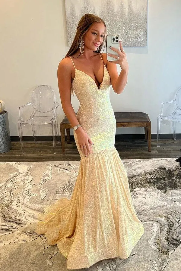 Sparkly Sequins Mermaid V-neck Prom Dresses, Long Formal Dresses, SP882