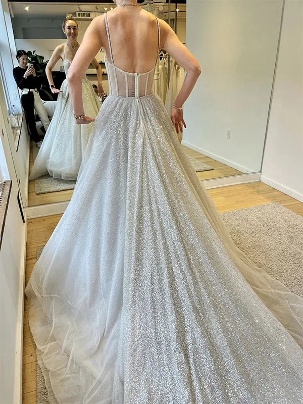 Sparkly Spaghetti Strap Sleeveless A-line Sequin Long Prom Dresses With Trailing Online, OL541