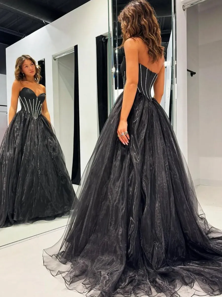 Strapless Sweetheart Neck Tulle Long Prom Dresses Long Formal Graduation Evening Dresses