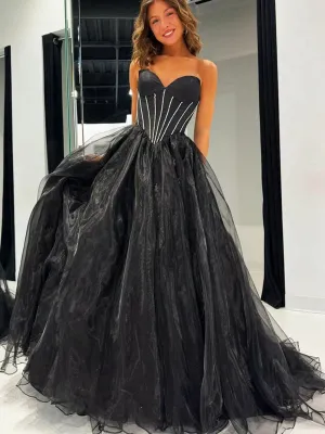 Strapless Sweetheart Neck Tulle Long Prom Dresses Long Formal Graduation Evening Dresses