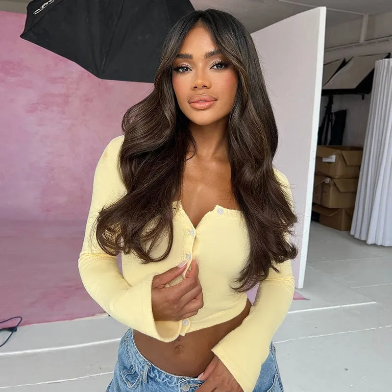 Stylish Button Front Long Sleeve Ribbed Knit Crop Top