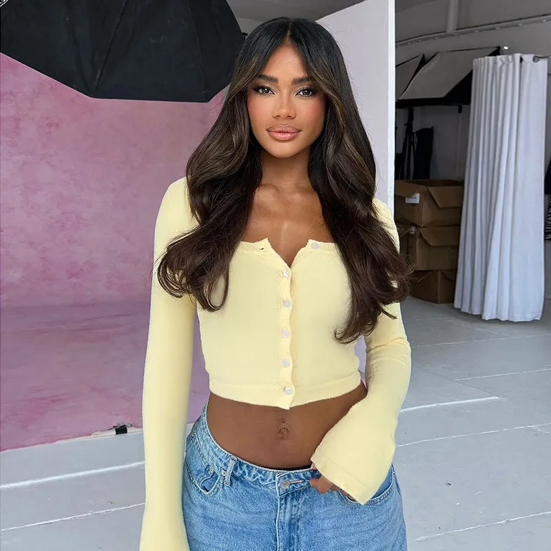 Stylish Button Front Long Sleeve Ribbed Knit Crop Top