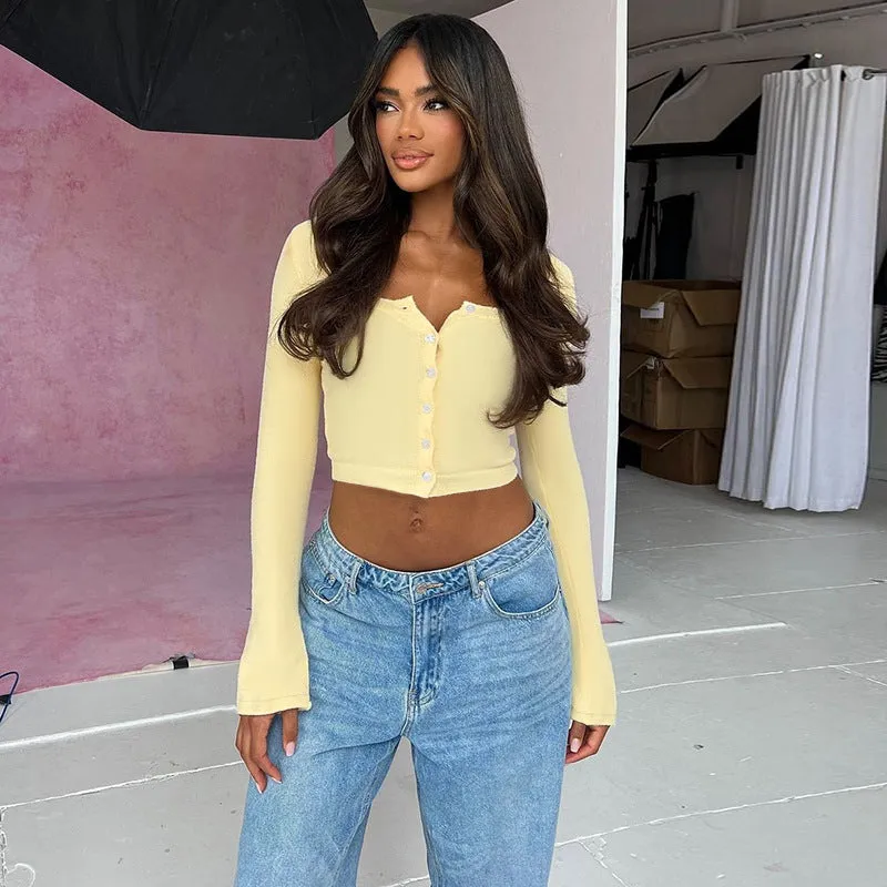 Stylish Button Front Long Sleeve Ribbed Knit Crop Top