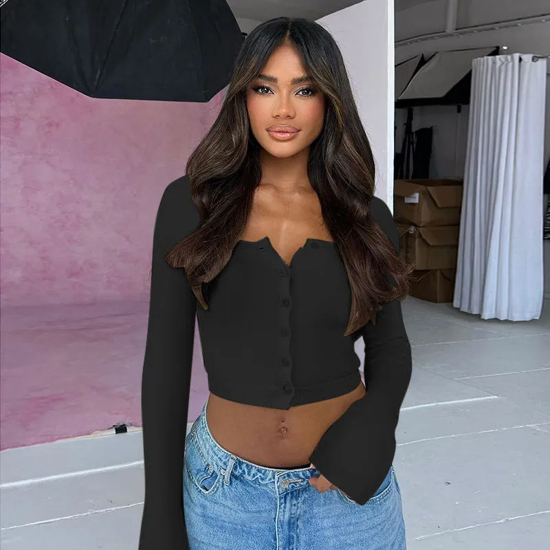 Stylish Button Front Long Sleeve Ribbed Knit Crop Top