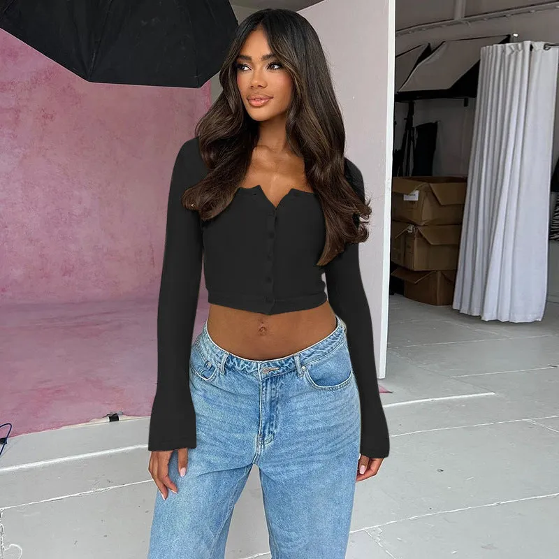 Stylish Button Front Long Sleeve Ribbed Knit Crop Top