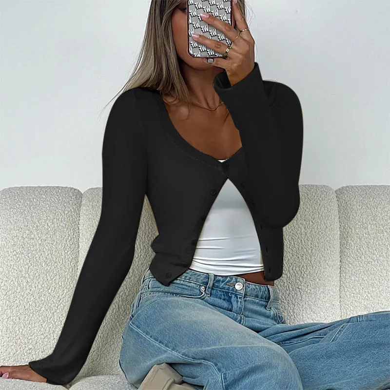 Stylish Button Front Long Sleeve Ribbed Knit Crop Top