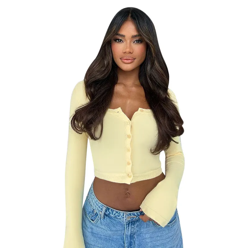 Stylish Button Front Long Sleeve Ribbed Knit Crop Top