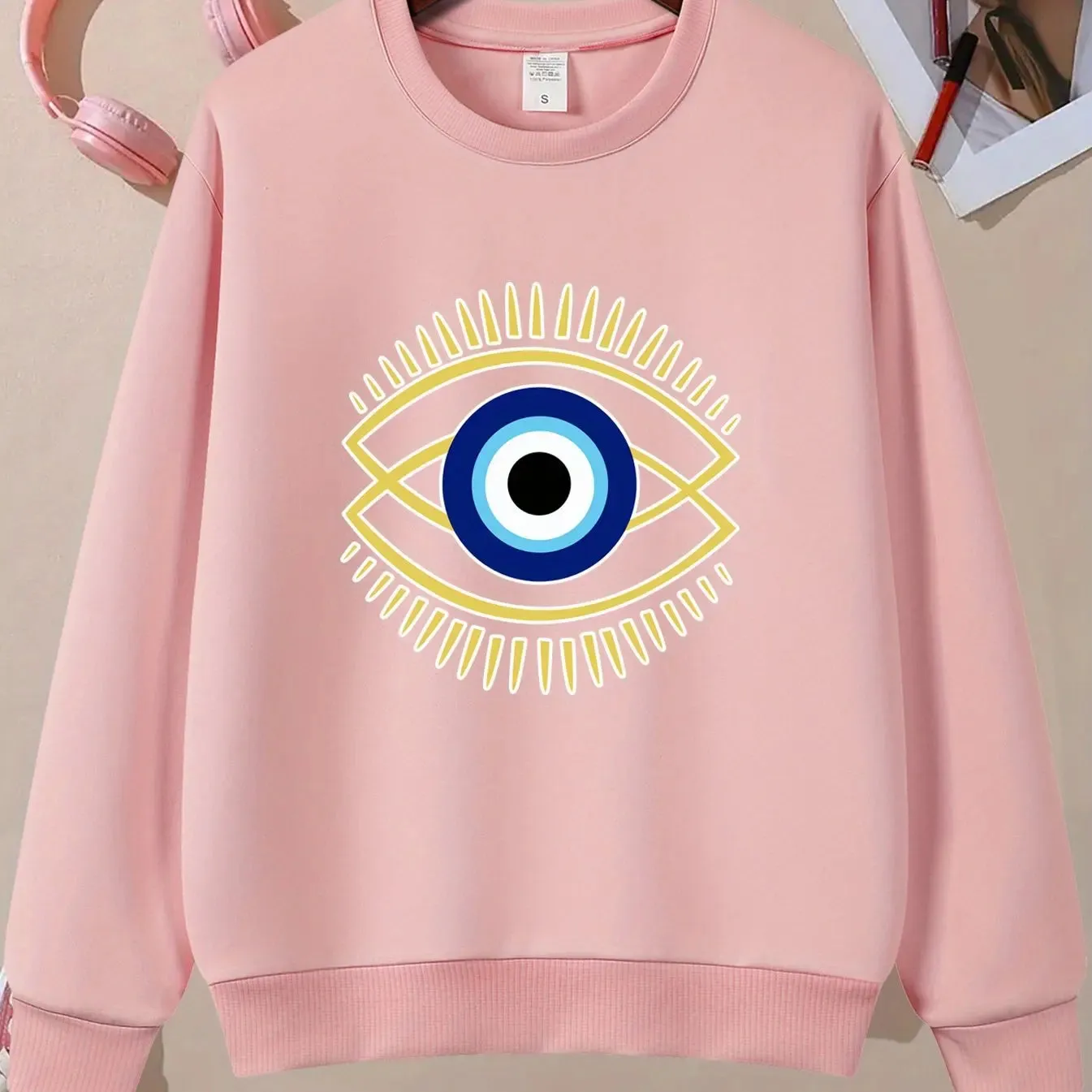 Stylish Women’s Casual Evil Eye Print Long Sleeve Sweatshirt for Everyday Fall and Spring Wear