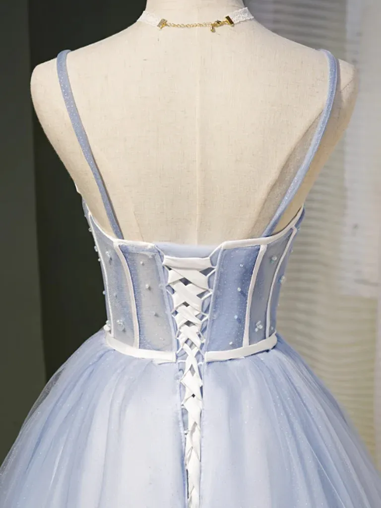 Sweetheart Neck Short Blue Tulle Prom Dresses, Short Blue Graduation Homecoming Dresses