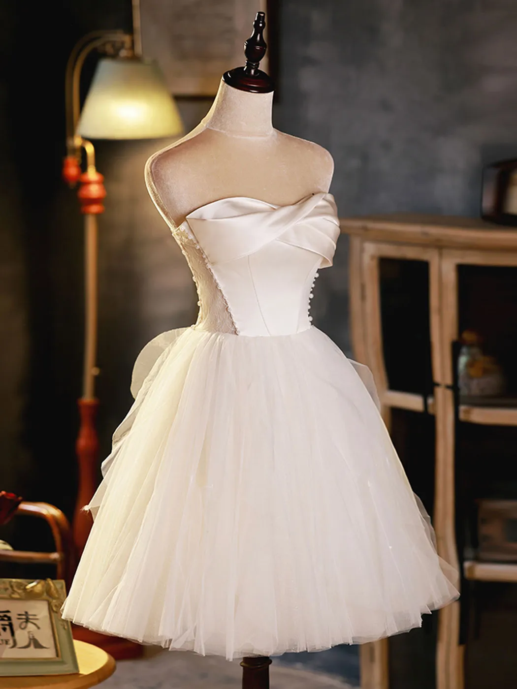Sweetheart neck tulle short Beige  prom dress, beige homecoming dress