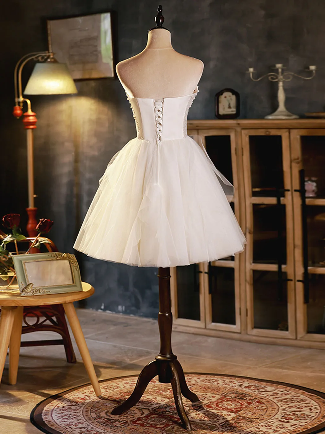 Sweetheart neck tulle short Beige  prom dress, beige homecoming dress