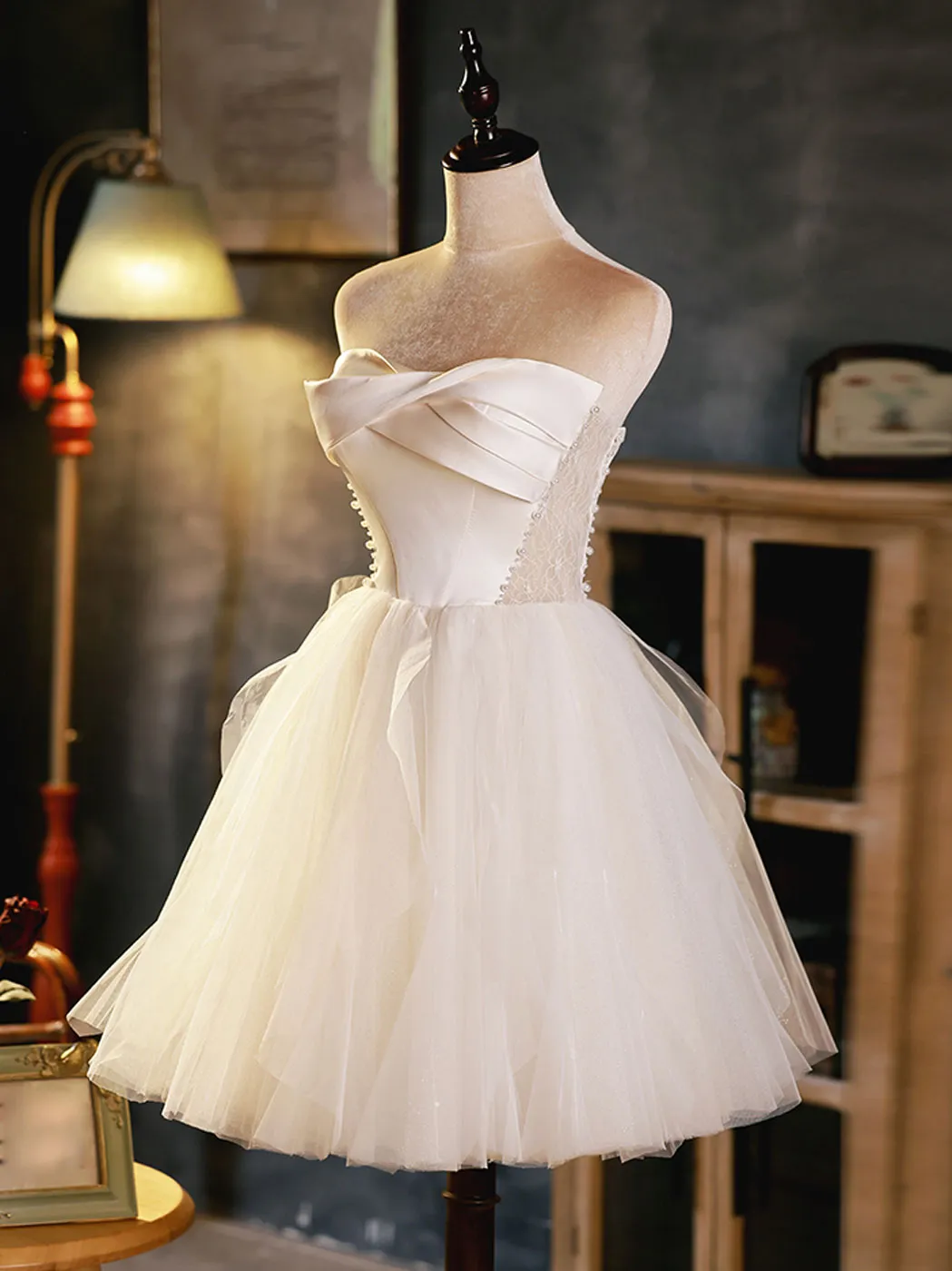 Sweetheart neck tulle short Beige  prom dress, beige homecoming dress