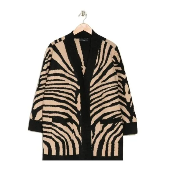Tahari Womens Black Cream Zebra Cocoon Long Cardigan Sweater Plus Sz 2X NWT