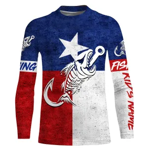 Texas fishing Fish hook skull reaper vintage flag Custom Name Fishing shirt | Kid Long Sleeves NPQ762