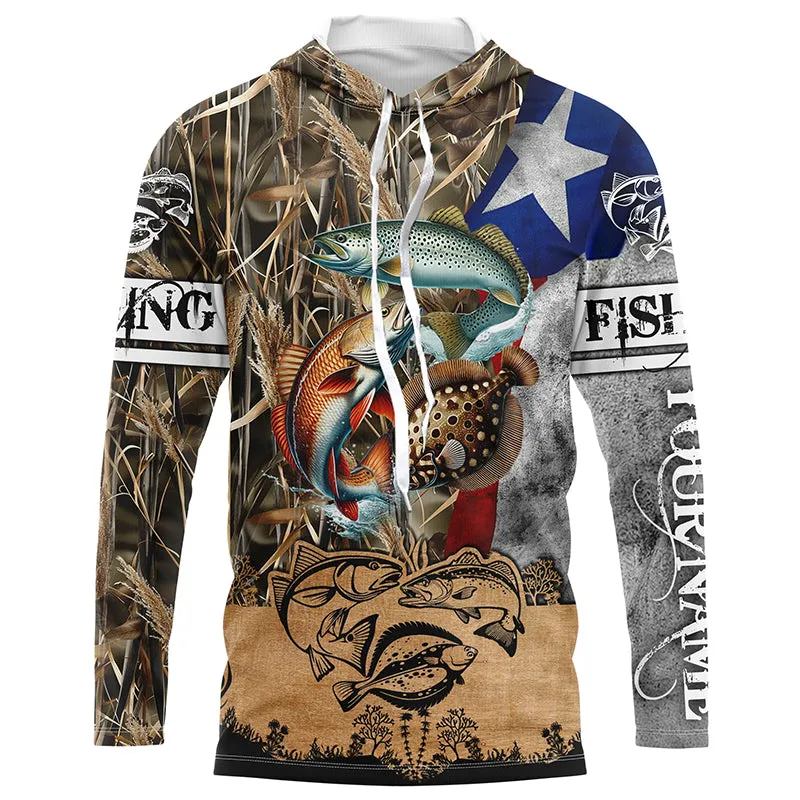 Texas Slam Camo TX Flag redfish, speckled trout, flounder Fishing Custom Long Sleeve Fishing shirts NPQ299