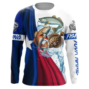 Texas slam flag patriotic redfish, trout, flounder fishing Custom UV Protection long sleeve shirts NQS5172