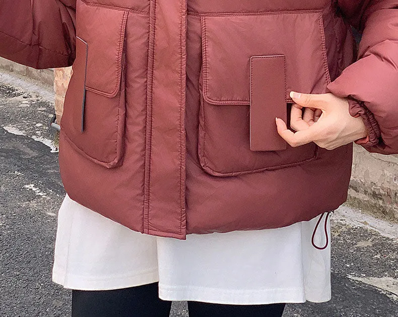 Trendy Cropped Puffer Jacket with Bellows Pocket and Hood