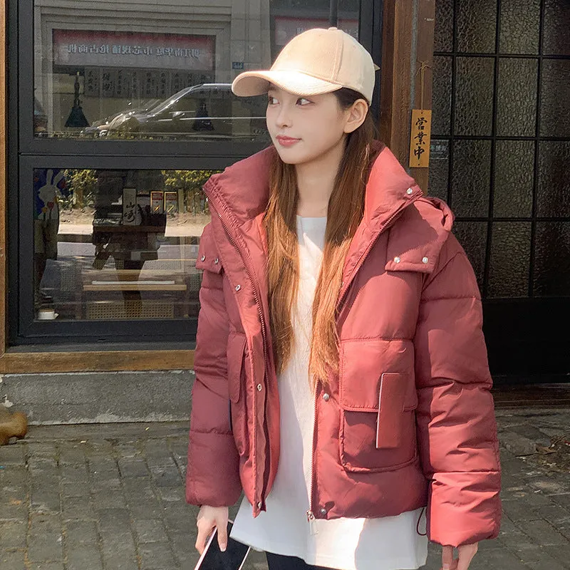 Trendy Cropped Puffer Jacket with Bellows Pocket and Hood