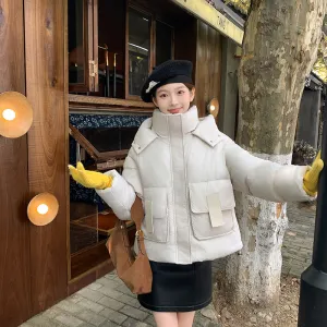 Trendy Cropped Puffer Jacket with Bellows Pocket and Hood