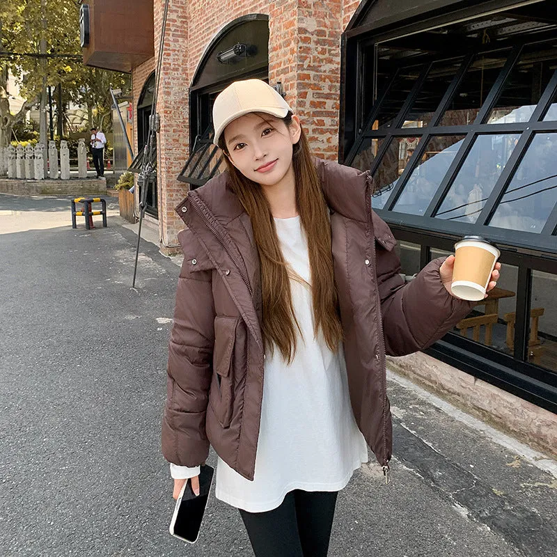 Trendy Cropped Puffer Jacket with Bellows Pocket and Hood
