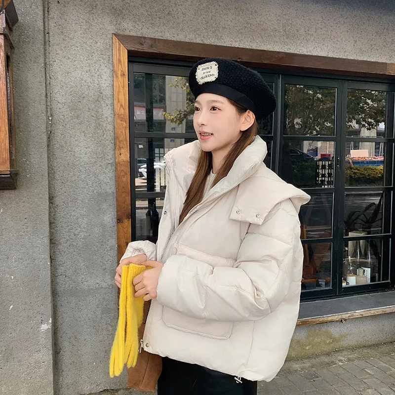 Trendy Cropped Puffer Jacket with Bellows Pocket and Hood