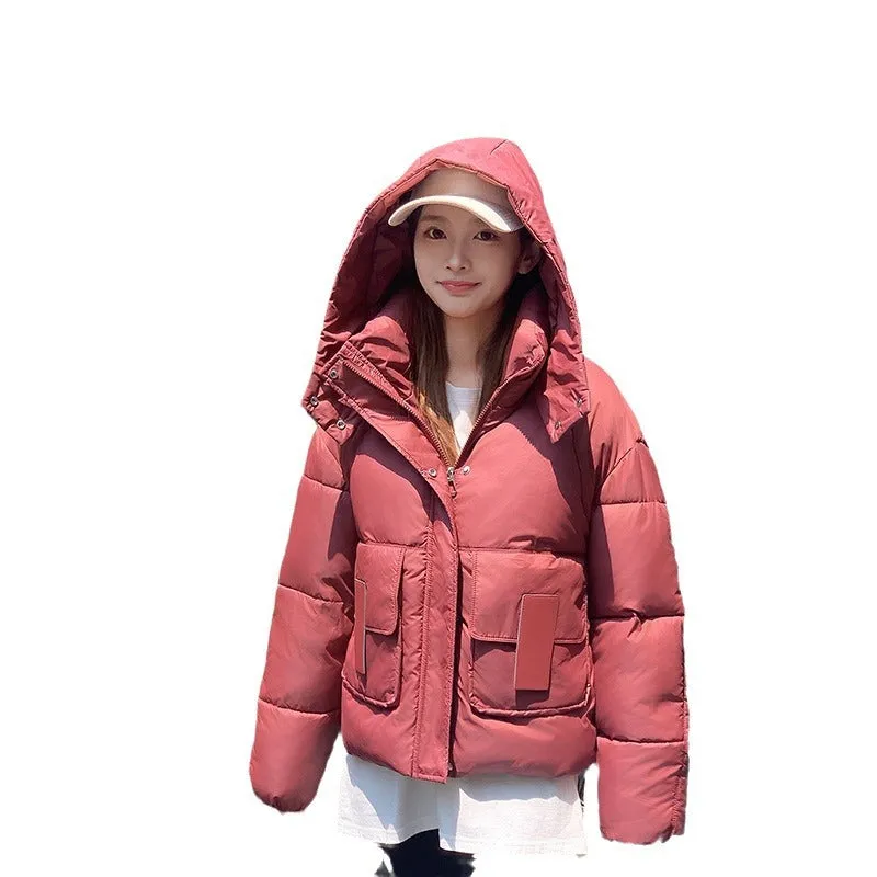 Trendy Cropped Puffer Jacket with Bellows Pocket and Hood