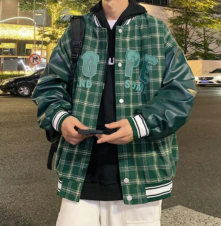 Trendy Loose-fit Varsity Jacket with Patchwork and Button Front