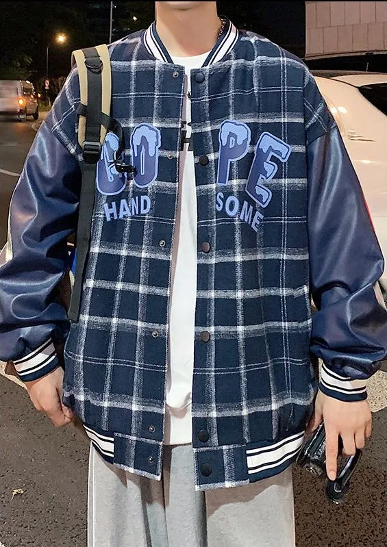Trendy Loose-fit Varsity Jacket with Patchwork and Button Front