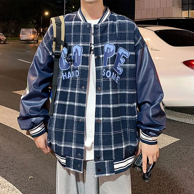 Trendy Loose-fit Varsity Jacket with Patchwork and Button Front