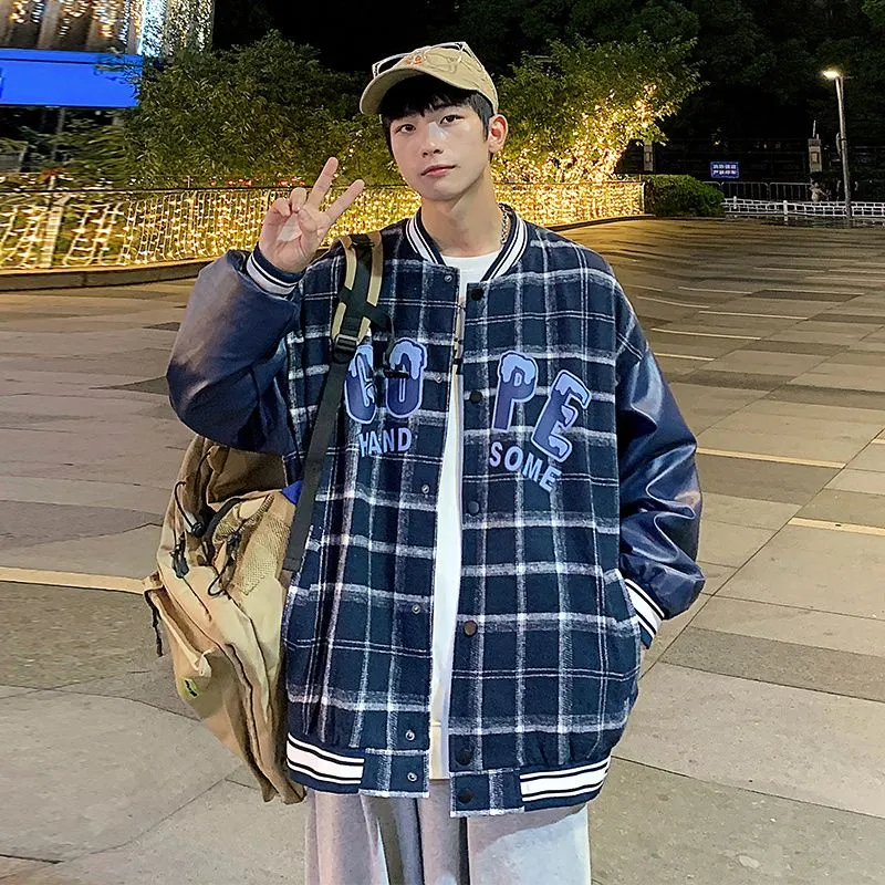 Trendy Loose-fit Varsity Jacket with Patchwork and Button Front