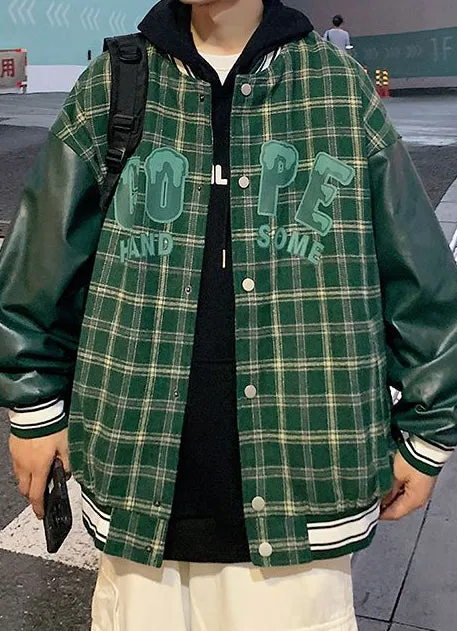 Trendy Loose-fit Varsity Jacket with Patchwork and Button Front