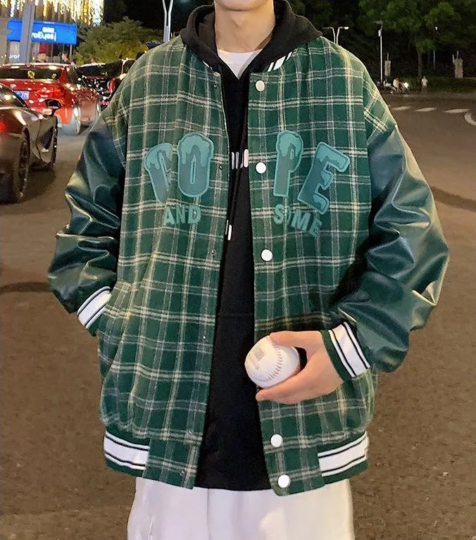 Trendy Loose-fit Varsity Jacket with Patchwork and Button Front