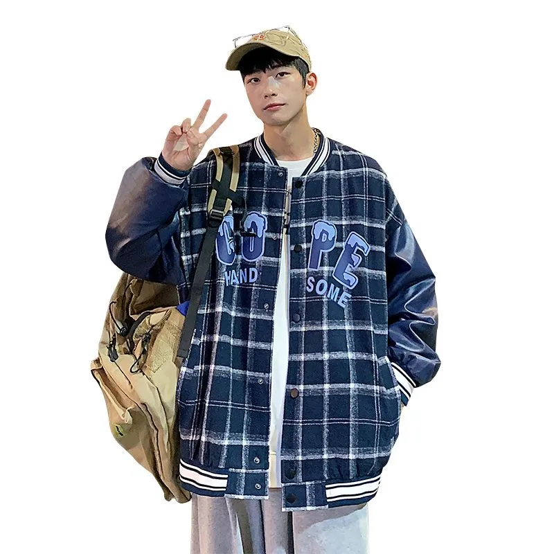 Trendy Loose-fit Varsity Jacket with Patchwork and Button Front
