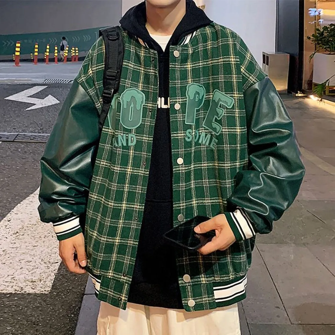 Trendy Loose-fit Varsity Jacket with Patchwork and Button Front