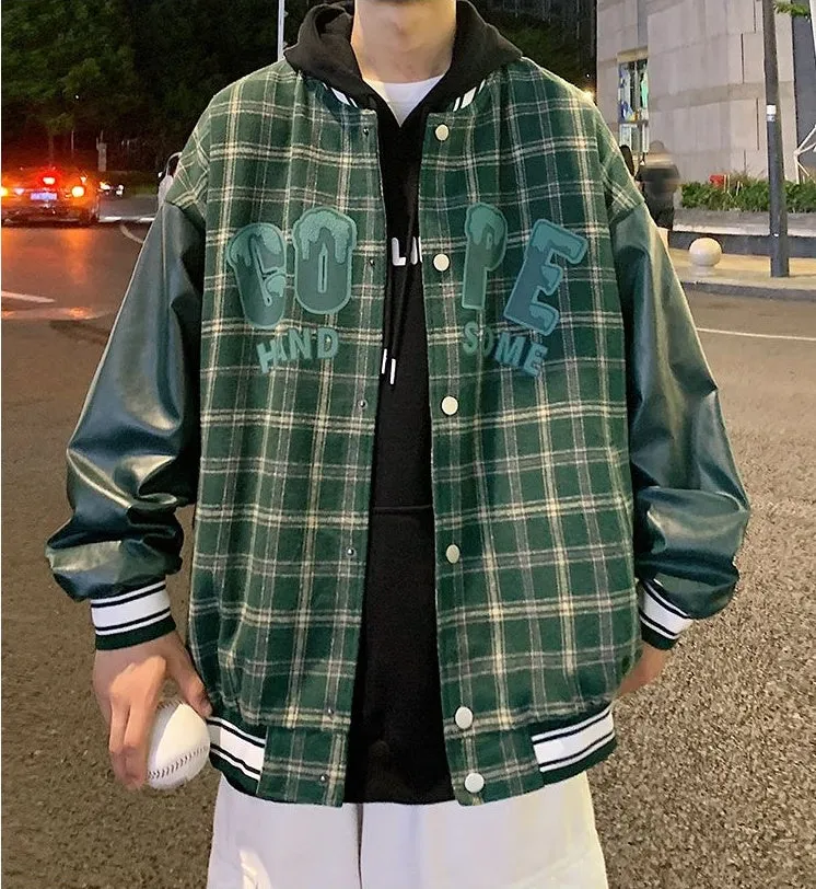 Trendy Loose-fit Varsity Jacket with Patchwork and Button Front