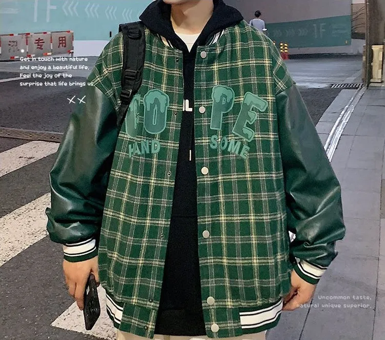 Trendy Loose-fit Varsity Jacket with Patchwork and Button Front
