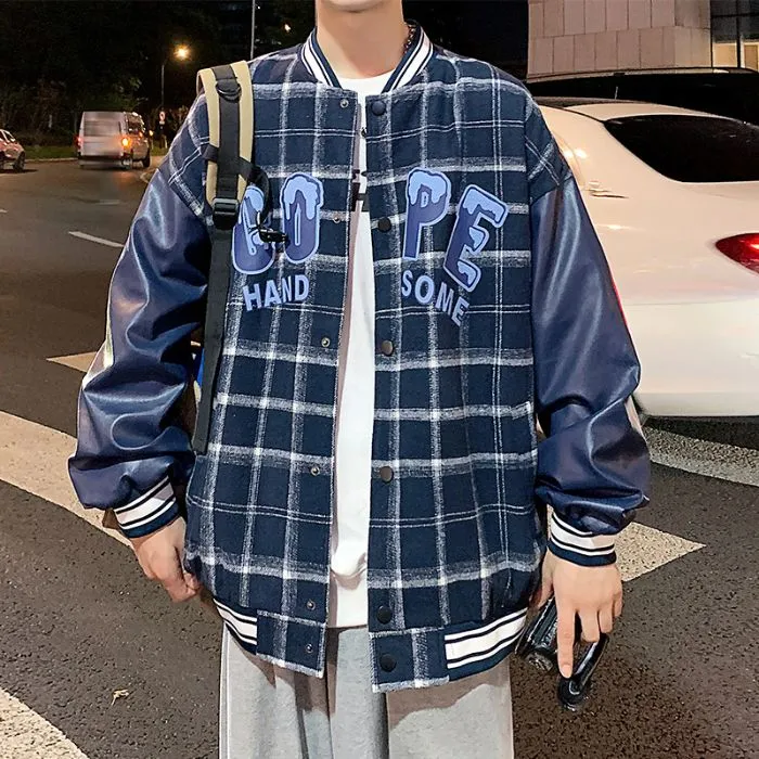 Trendy Loose-fit Varsity Jacket with Patchwork and Button Front