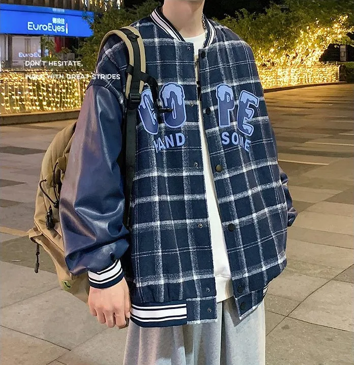 Trendy Loose-fit Varsity Jacket with Patchwork and Button Front