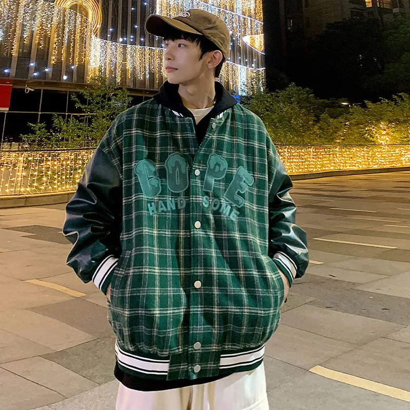 Trendy Loose-fit Varsity Jacket with Patchwork and Button Front