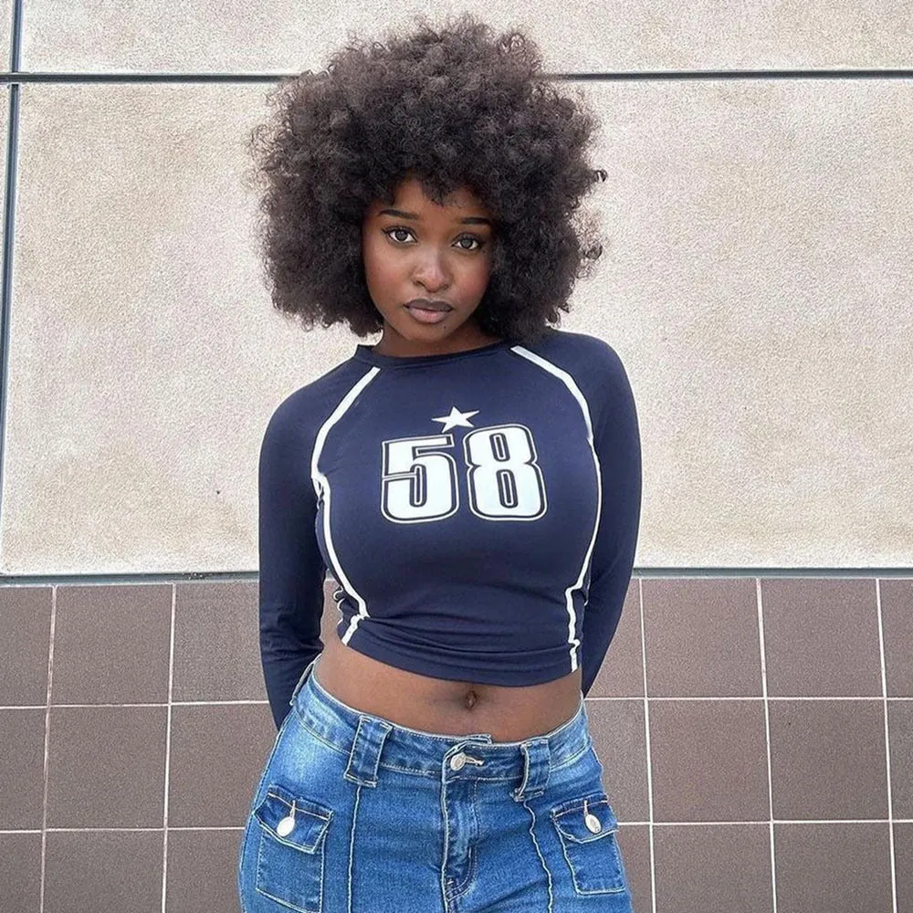 Trendy Number Print Long-Sleeve Fitted Crop Top