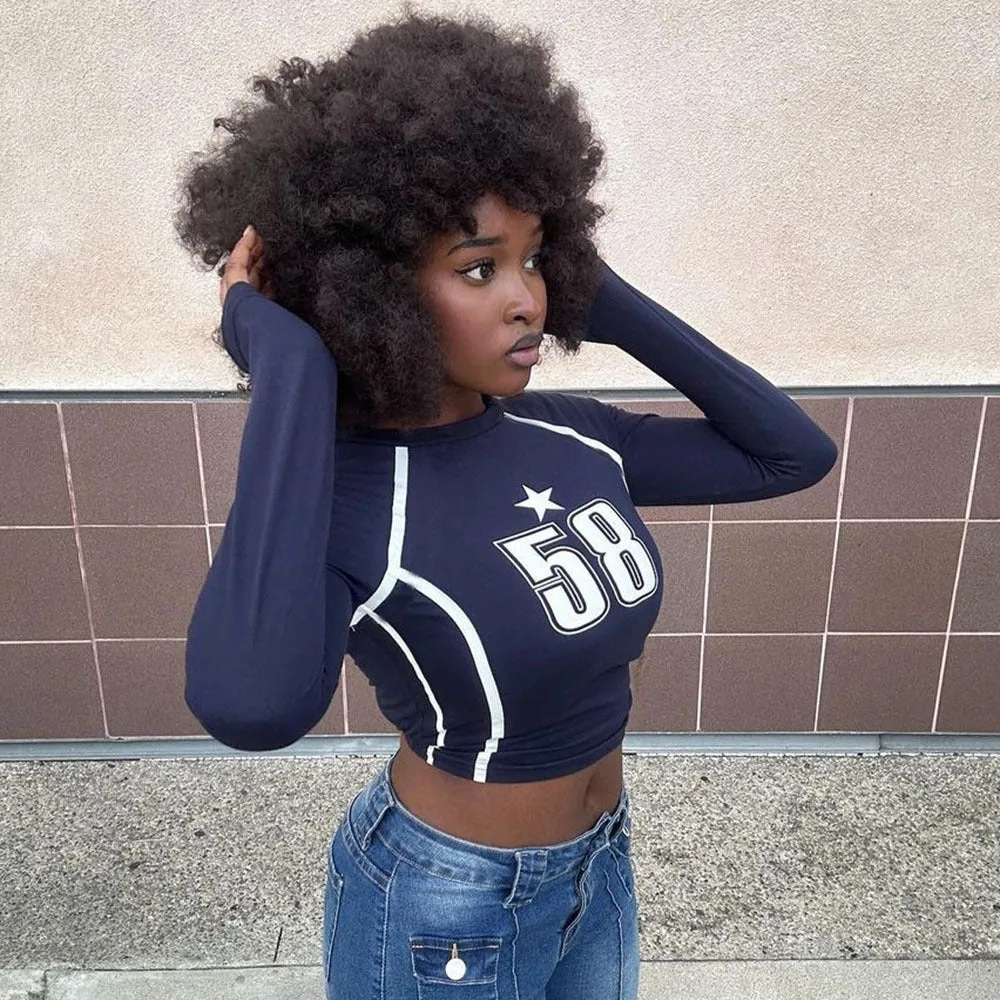 Trendy Number Print Long-Sleeve Fitted Crop Top