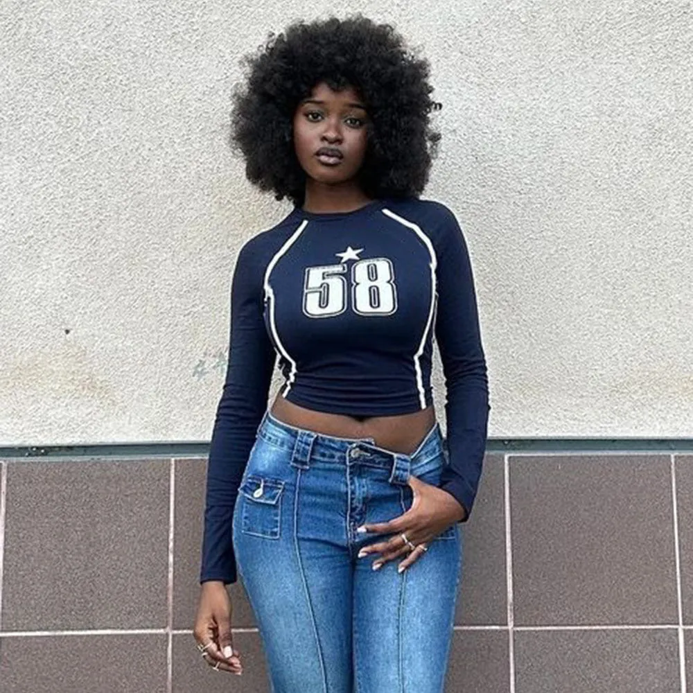 Trendy Number Print Long-Sleeve Fitted Crop Top