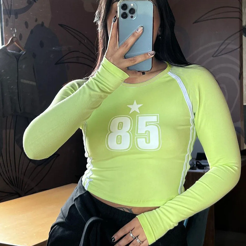 Trendy Number Print Long-Sleeve Fitted Crop Top
