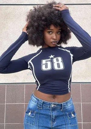 Trendy Number Print Long-Sleeve Fitted Crop Top