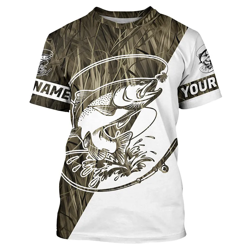 Trout Fishing Grass Camo Custom Long Sleeve Tournament Fishing Shirts, Trout Fly Fishing Shirt IPHW7439