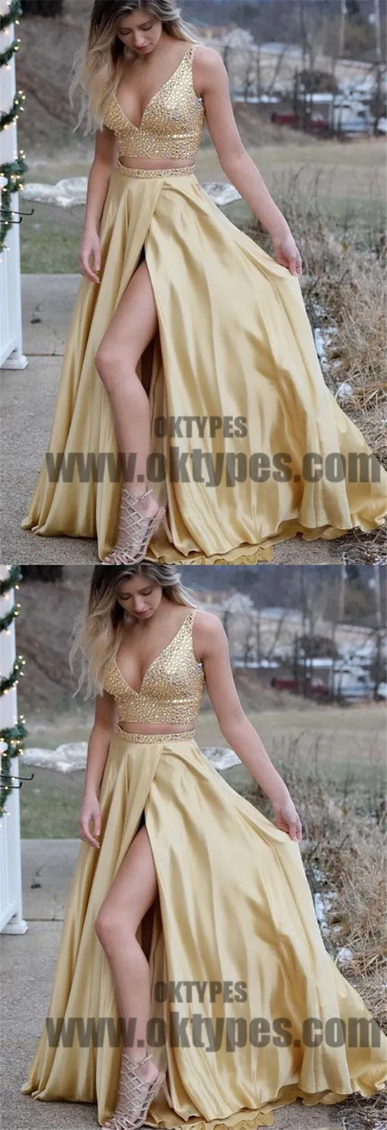 Two Piece Top Sequin Prom Dresses, Long Side Split V-neck Prom Dresses, TYP0443