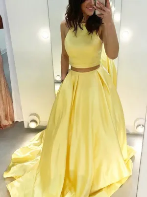 Two piece yellow satin long prom dresses, Two piece yellow formal evening dresses