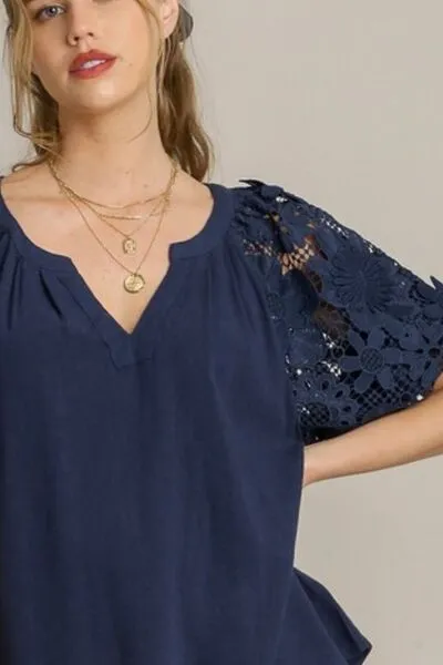 Umgee Full-Size French Terry Boxy Top with 3D Floral Sleeves