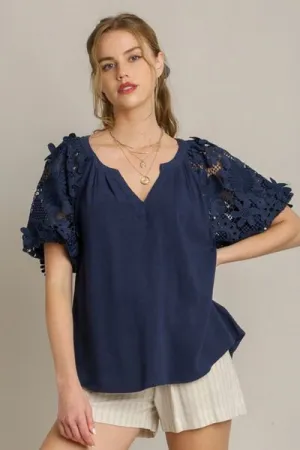 Umgee Full-Size French Terry Boxy Top with 3D Floral Sleeves